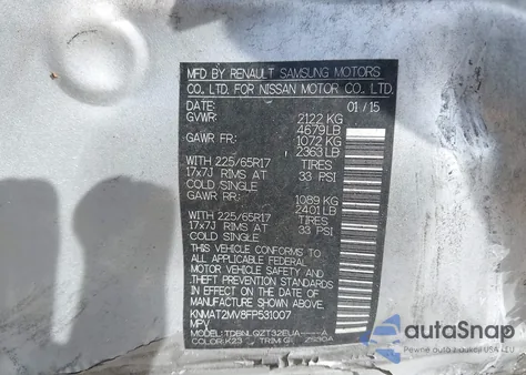 2015 Nissan Rogue Sv z USA, uszkodzony, nr VIN KNMAT2MV8FP531007